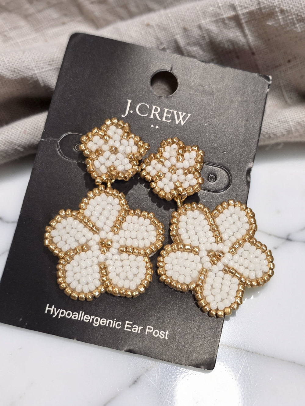 J Crew NWT Beaded Floral Statement Drop Earrings White Gold
